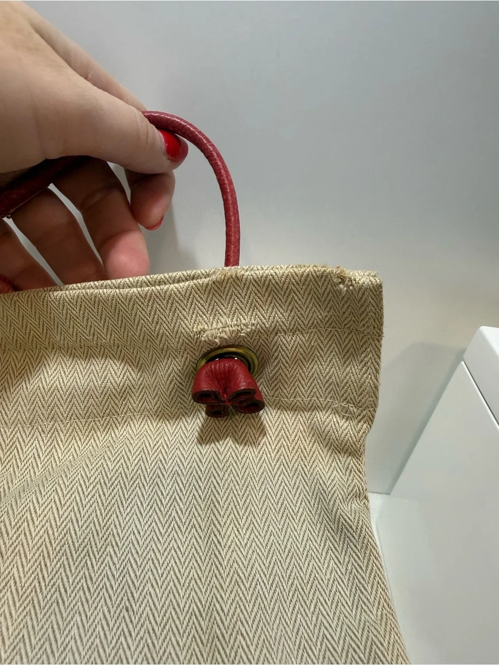 Hermes Aline Beige Canvas Tote with Red Logo and Strap